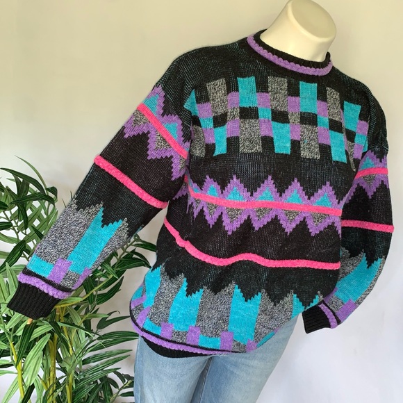 v i n t a g e :: Slouchy Bold Geometric Neon Grandpa Knit Sweater - Picture 6 of 14